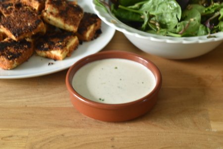 My vegan ranch sauce served with breaded tofu and green leaf salad